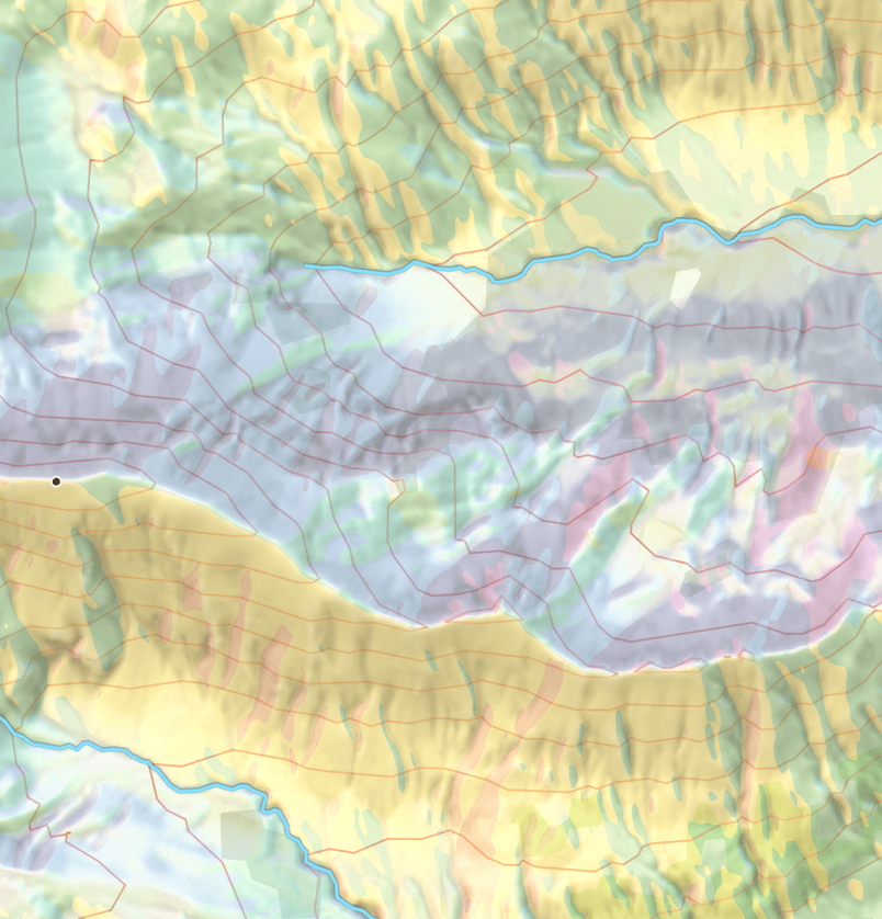 Aspect colors show which direction each hillside faces.