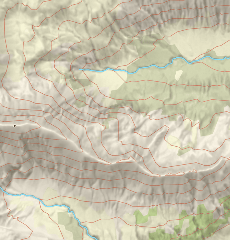 Relief brings out ridges and drainages on Topo and Hybrid.