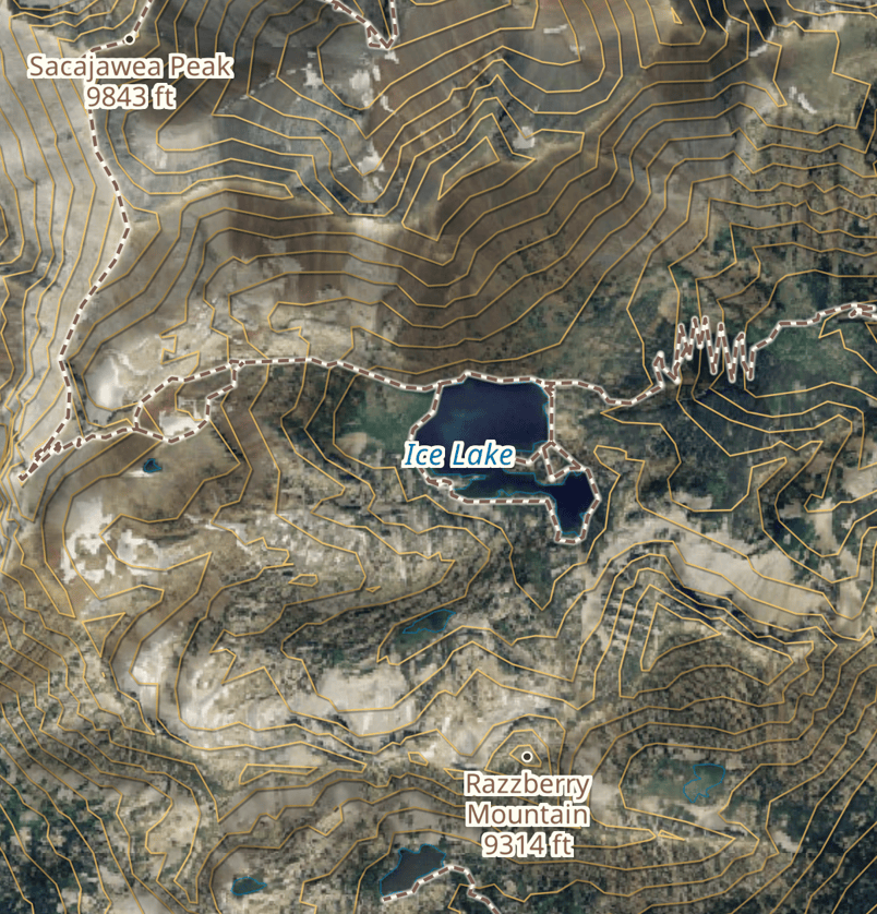 Hybrid shows trails, contours, and named peaks around Ice Lake.