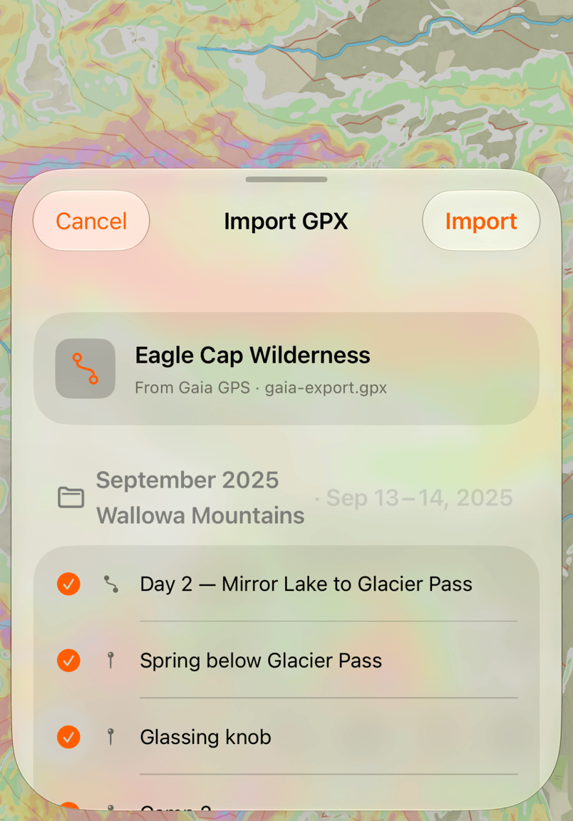Review the trip and selected items before importing.