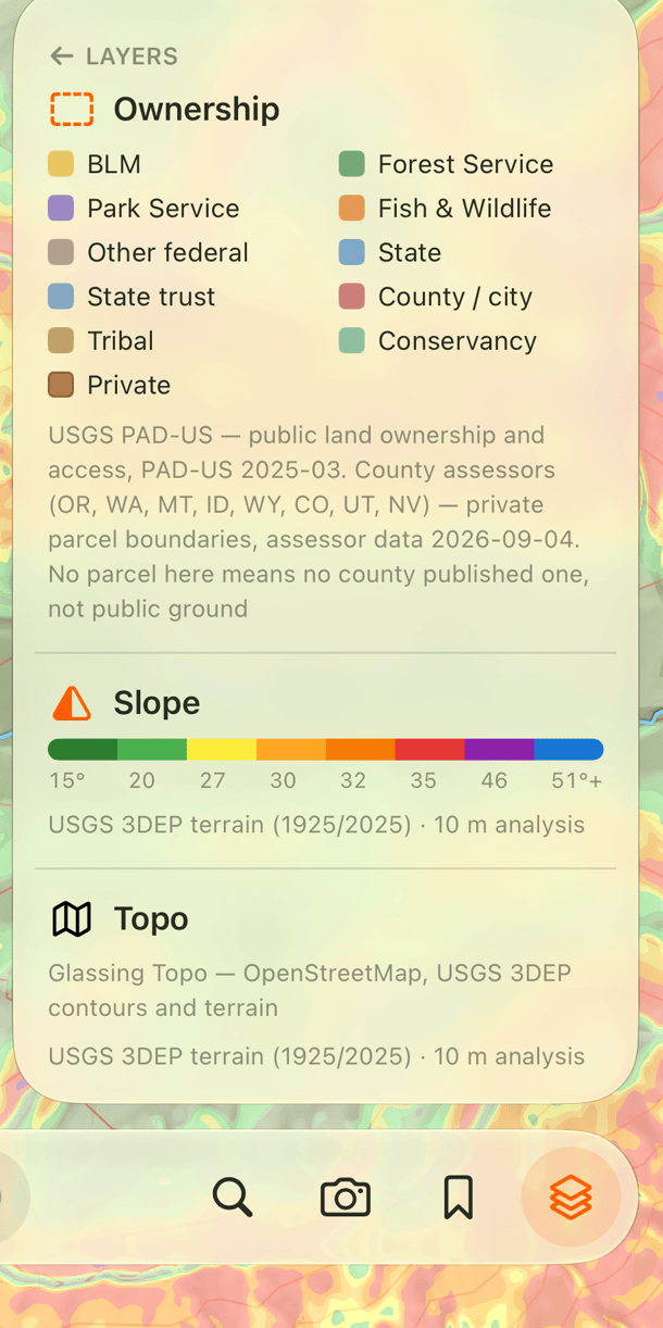 Ownership colors and the note about missing parcel data.