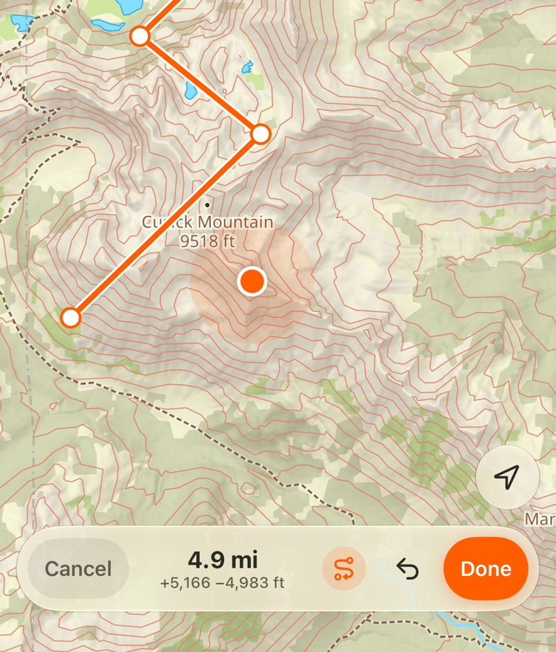 Route points, distance, magnet, and Done.