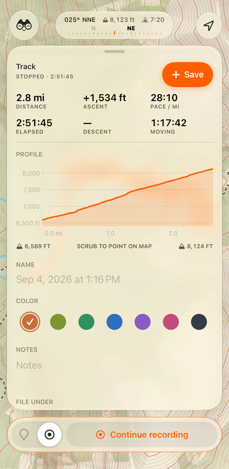 A track's save form, with name, color, notes, and File under.